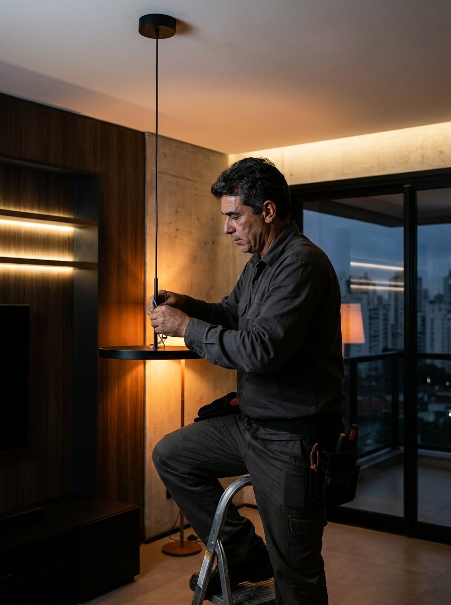 Eletricista instalando um pendente na sala de uma casa